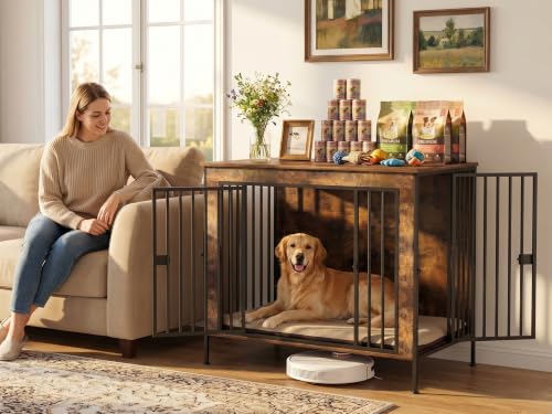Dog Crate Furniture 40" Sturdy Heavy Duty Dog Kennel Solid Metal Tube Thick Wooden with 2 Lockable Doors Single Dog Cage Large Breed as TV Stand End Table for Large Dog Rustic Brown (40.0"L x 27.5"W x 33.0"H)