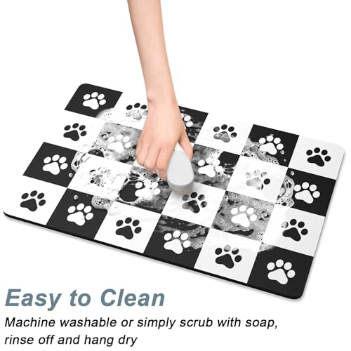 Dog Food Mat 12" x 19" Footprint Absorbent Dog Cat Bowl Mat for Food and Water (A-Black White Footprint / 12"L x 19"W)