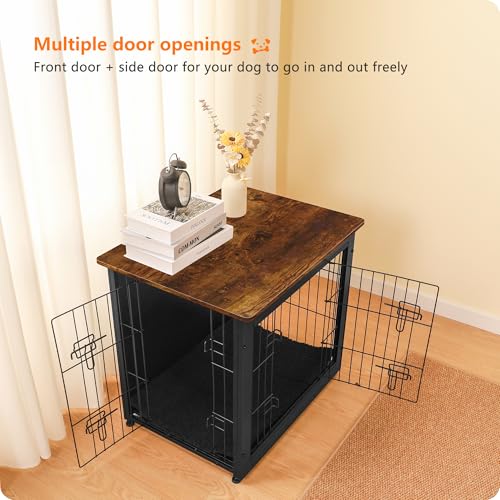 27" Dog Crate Furniture (Black+Rustic Brown / 27.2"L x 20.1"W x 23.6"H)