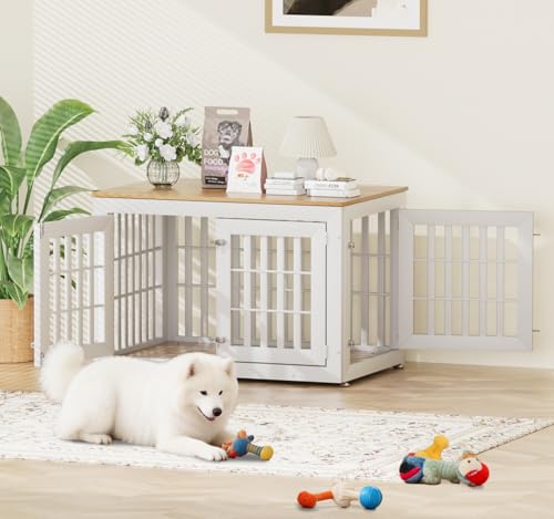 42" Heavy Duty Dog Crate Furniture for Large (42.1"L x 28.7"W x 28.5"H / White+Wood)