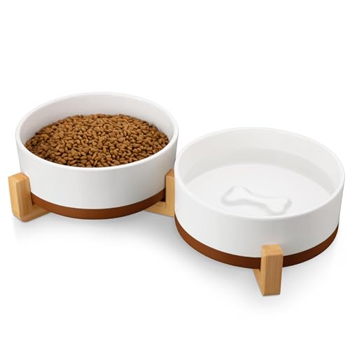 Dog Bowls Set with Wooden Stand (L-6 Cups / Vanilla White（2 PCS with Stand）)