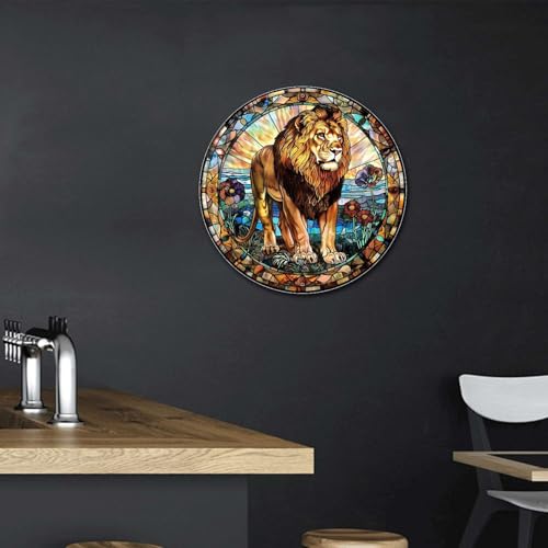 Metal Sign Tin Sign Circular Stained Glass Lion Vintage Decor for Garden 8×8 Inches (8×8 Inches / Lion-3)