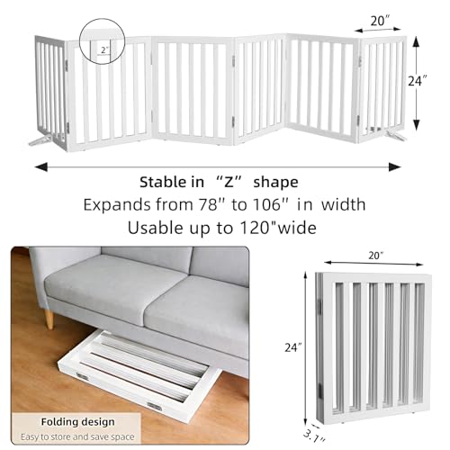 Freestanding Indoor Dog Gate for House Foldable Wood White Puppy Gate for Doorways Pet Gate for Stairs Extra Wide Pet Fence 24" Height 6 Panels (White / 【6 Panels】120''w x 24''h)