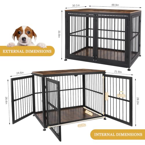 48" Rustic Heavy Duty Dog Crate Furniture for Extra Large Dogs (Black + Rustic Brown / 48.0"L x 30.1"W x 33.9"H)