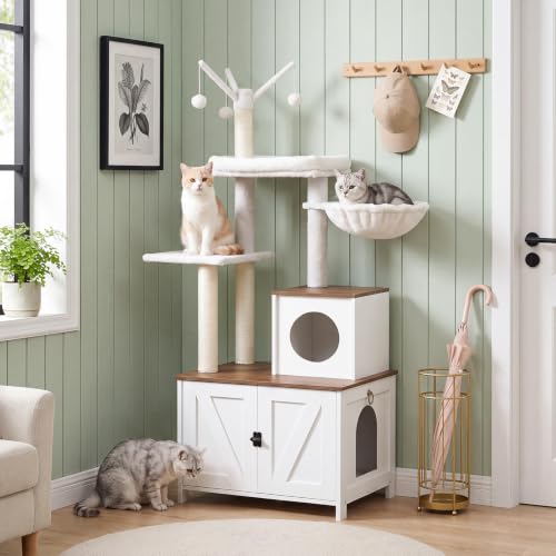 Cat Tree with Litter Box Enclosure for Indoor (White + Walnut)