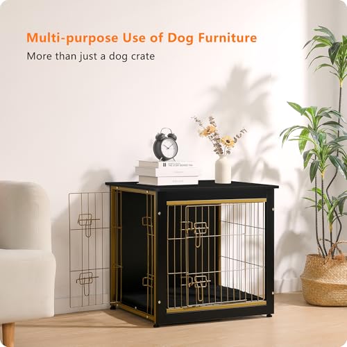 27" Dog Crate Furniture (Black+Gold / 27.2"L x 20.1"W x 23.6"H)