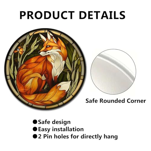 Metal Sign Tin Sign Circular Stained Glass Red Fox Wall Art for Bar 8×8 Inches (8×8 Inches / Red Fox-2)