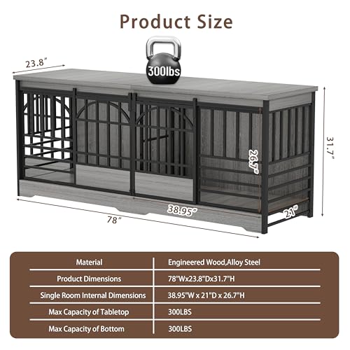 78" Double Dog Crate with Divider (Grey / 78.0"L x 23.8"W x 31.7"H)