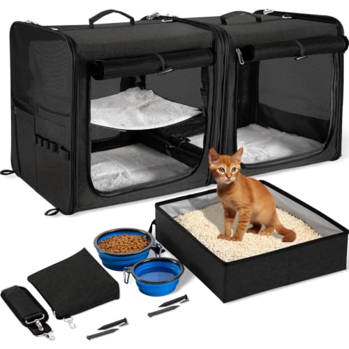Extra Large Cat Carrier for 2 Cats with Travel Litter Box (Black)