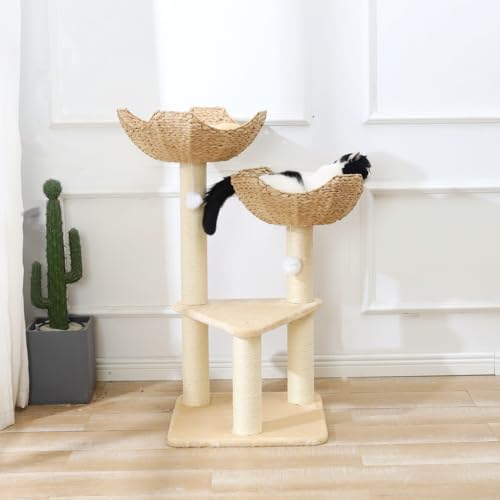 Cat Tree Tower with Rattan Wicker Basket (2~basket)