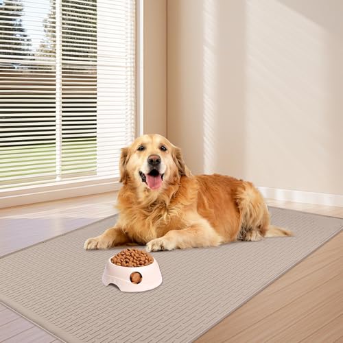 Dog Food Mat 34''x22'' Extra Large Dog Mat for Food and Water (34"L x 22"W / Khaki)