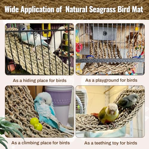 2Pcs 29.5 x 7 inches Large Bird Seagrass Mat Grass Woven Net Parrot Hammock Mat Parakeet Climbing Rope Ladder with Hooks Bird Cage Accessories for Conure Cockatiel Budgie Macaw Bearded Dragon (2PCS)