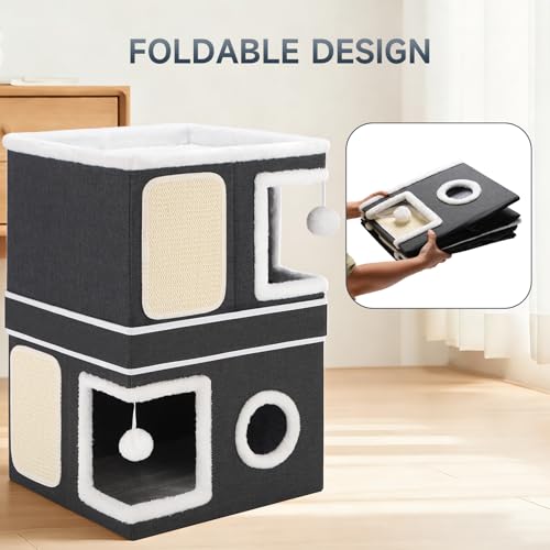 2 Story Cat House beds for Indoor Cats with Scratch Pads Black (Black / Double)