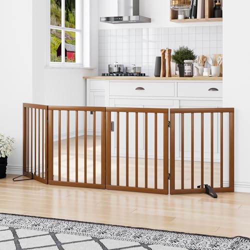 Freestanding Pet Gate Foldable 4 Panel Dog Gate Walnut Dog Gates for Stair Doorways House Indoor (Walnut / 4 Panel - 74 inches Wide)