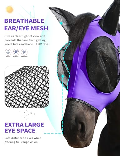 Horse Fly Mask with Forelock Opening Stretch Breathable and Comfortable for Horses UV (Purple / L)