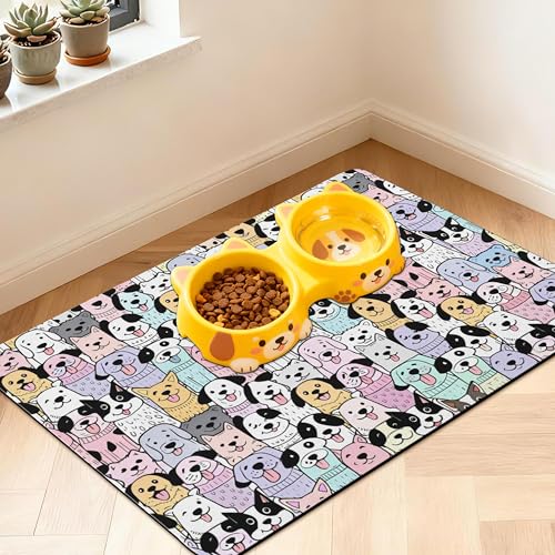 Pet Feeding Mat for Floors Waterproof Dog Mat for Food and Water Absorbent Quick Dry Non Slip mat for Cat Bowls (24"L x 16"W / ColorfulDog)