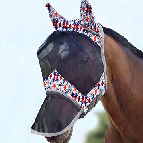 LumiVista Horse Fly Mask Long Nose with Ears UV Protection for Horse Tribal Rhombus L Full Size (Tribal Rhombus / Full (Large))