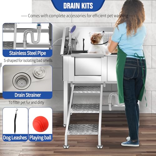 Dog Washing Station 34'' Stainless Steel Pet Grooming Tub for Large Dogs Over (34" L-RAMP)