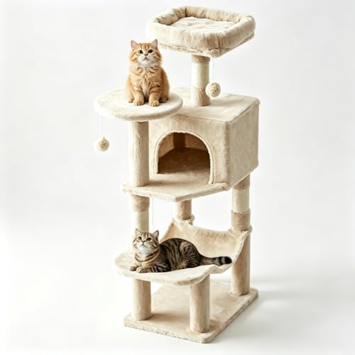 Small 44 Inch Cat Tree Tower with Natural Sisal Scratching Posts (Beige / 43.6"×13.7"×17.7")