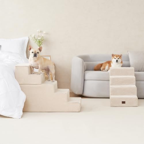 Dog Stairs for Bed 22.5" H (Beige / Extra Wide 17.7" x 35" x 22.5")