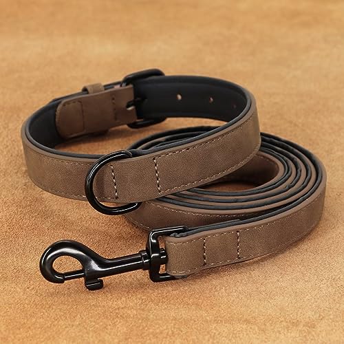 PU Leather Dog Collar and Leash Set (L: Neck 14-18", Width 1" / Brown Set)