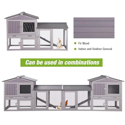 Rabbit Hutch Outdoor No Leak Plastic Tray Bunny Cage Indoor with Large Run Space Extensible Chicken Coop (Grey)