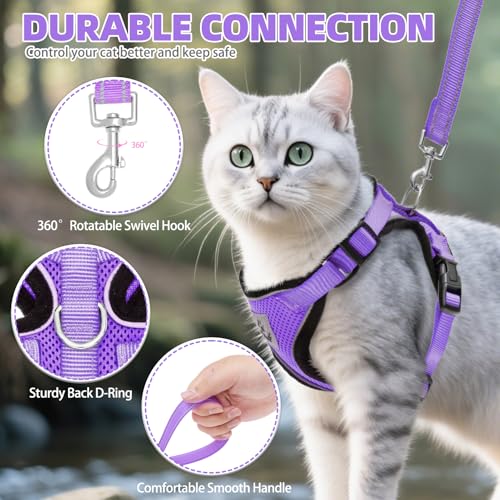 Cat Harness and Leash Set Escape Proof Reflective Cat Walking Harness Adjustable Soft Breathable Mesh Vest for Small Pets (S (NECK 9.5"-11", CHEST 13"-16") / Purple)
