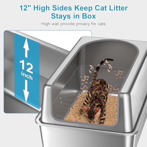 12'' High Sides XL All Stainless Steel Cat Litter Box with Lid (XL:23.6''×15.8''×12'')