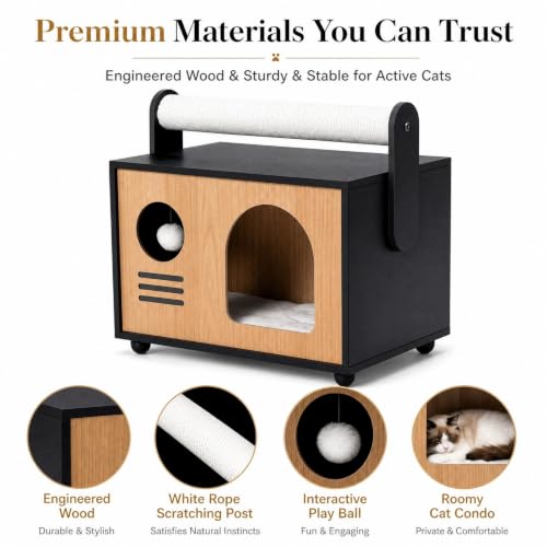 Wooden Cat House with Top Scratching Post for Indoor Cats