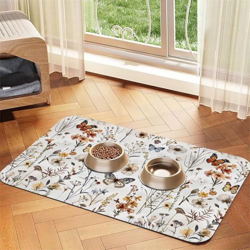 Wildflower Butterfly Dog Food Mat Waterproof Pet Cat Placemat (Wildflower Butterfly / 17.7"L x 17.7"W)