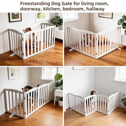 Foldable Freestanding Indoor Dog Gate for House Wood White Long Pet Gates Dog Fence for Stairs Puppy Gates for Hallways (White / 【4 Panels】80''w X 24''h)