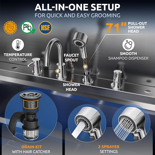 Professional Dog Washing Station 304 Stainless Steel Pet Wash Sink (Silver, Right Ramp, 1 Drawer / 40 Inches)