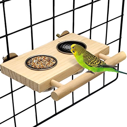 Bird Food Stainless Steel Cups Wooden Perch Stand Hanging Feeder Bowls Feeding and Watering Supplies for Parakeets Conures Cockatiels Budgie Parrot (Large)