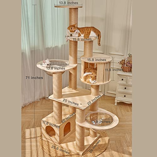 71" Tall Real Wood Cat Tree with 2 Space Capsule Beds