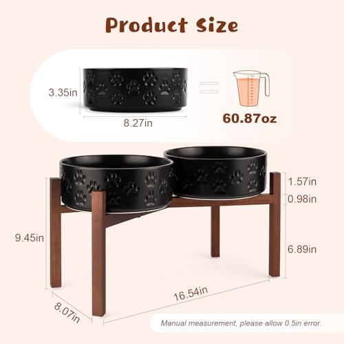 Ceramic Elevated Dog Bowl Set with Acacia Wood Stand for Food and Water for Large Dogs (60.87 Oz / Black with Dog Paw Pattern)