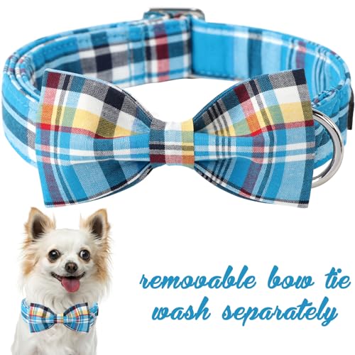 Plaid Dog Collar with Bow Pet Gift Adjustable Soft and Comfy Bowtie Collars for Small Medium Large Dogs (X-Small / blue plaid)