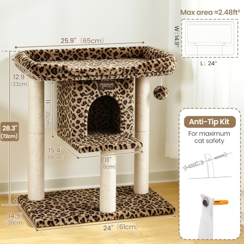 Cat Tree Tower Scratching Post for Indoor Large Adult Cats with Perch Bed (Leopard Print / 28 Inches)