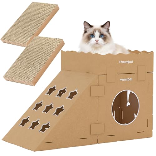 DIY Cardboard Cat House with Scratching Pad (Kraft Brown / 1 Box + 1 Roof + 1 Triangular + 2 Scratchers)