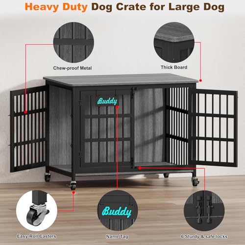 41"/32"/27" Dog Crate Furniture with Name Tag, Heavy Duty Dog Kennel Indoor for Medium Dogs, Double-Doors Sturdy Metal Dog Cage for Anxiety Dog, Decorate House as TV Stand, End Table (40.8"L x 29.3"W x 30.2"H / Dark Grey)