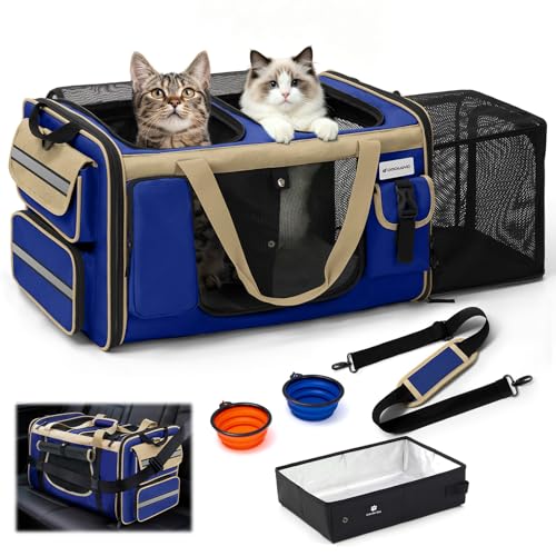 Expandable Extra Large Cat Carrier for 2 Cats with Litter Box for Kitten (Blue)