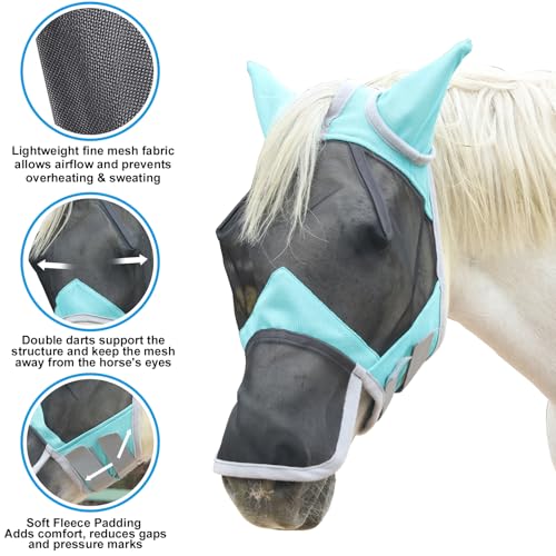 Horse Fly Mask with Ears & Long Nose (Turquoise / Pony)