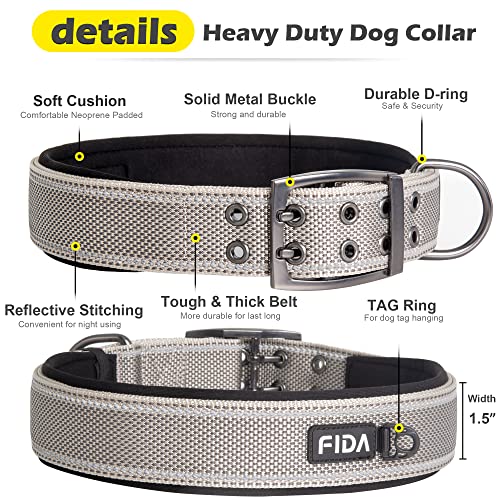 Heavy Duty Dog Collar for Large Dogs with Metal Belt Buckle (X-Large(24"-28") / Grey)