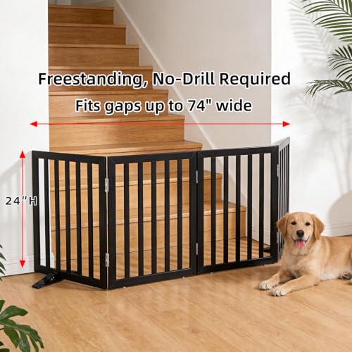 Freestanding Indoor Dog Gate for House Foldable Wood Puppy Gate for Doorways Pet Gate for Stairs Extra Wide Pet Fence (Black / 【4 Panels】80''w x 24''h)