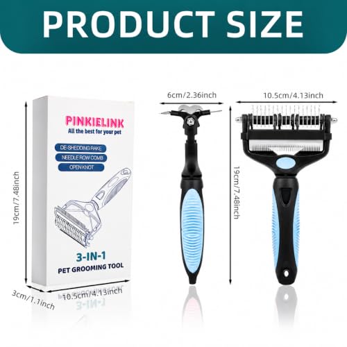 3-IN-1 Pet Grooming Tool - Undercoat Rake, Dematting Comb & Deshedding Brush for Cats, Dogs, Horses - Removes Mats, Tangles & Loose Fur, Reduces Shedding & Prevents Hair Mess (Blue) (Blue)