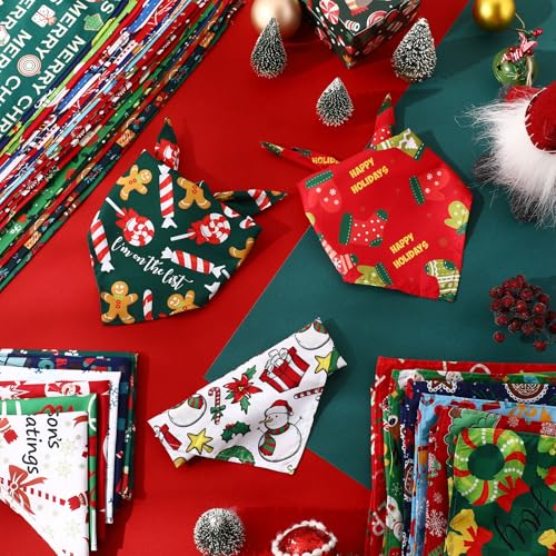 50 Pcs Christmas Dog Bandanas Bulk Pet Scarfs Triangle Bibs Adjustable Washable Puppy Kerchief Seasonal Pet Costume Accessories Grooming Supplies for Small Medium Large Dogs Cats (Christmas)