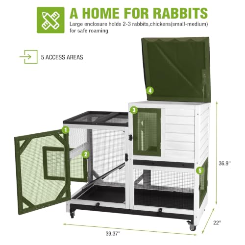 Rabbit Hutch Indoor Rabbit Cage with Wheels Outdoor Bunny House 2 Story Guinea Pig Cage with Leakproof Tarp Roof (Whiet)