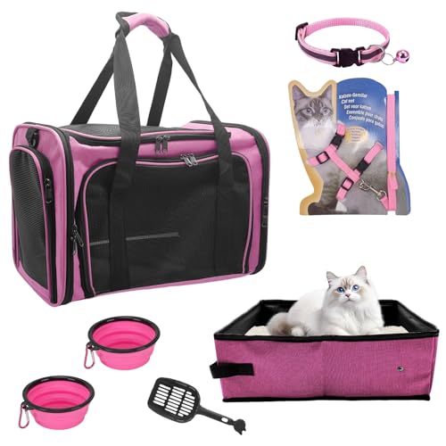 Large Cat Carrier with Litter Box for Traveling & Camping (Pink & Black)