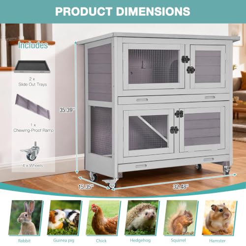2 Story Wooden Rabbit Hutch with Chew ((Grey-AIR77))