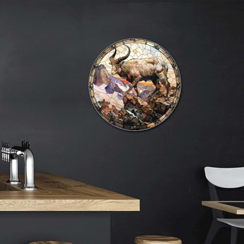 Metal Sign Tin Sign Circular Stained Glass Mountain Goat Vintage Sign for Club 8×8 Inches (8×8 Inches / Mountain Goat-1)