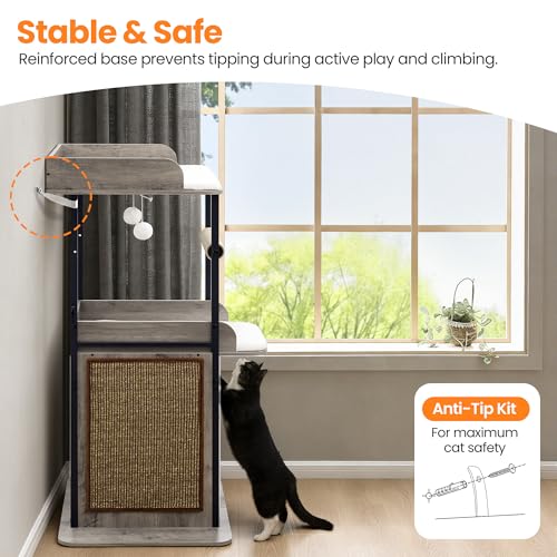 48in Wood Modern Cat Tree for Large Indoor Cats with Big Perch Bed (Greige3 / 48 Inches)